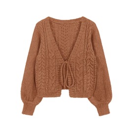 ZAFUL Women's Tie Front Crop Cardigan Sweater V-Neck Lantern Sleeve Open Front Loose Casual Knitwear Camel S