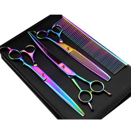 Purple Dragon 8.0 inch Dog Hair Cutting, Curved and Thinning Scissors Shear Pet Grooming Tool Kit