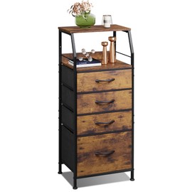 WLIVE Tall Nightstand with 4 Fabric Drawers & Open Shelf, Bedside Table for Bedroom, Modern Tall Dresser, Rustic Brown Wood Grain