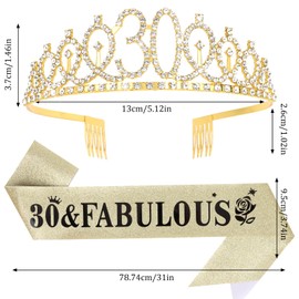 Oblihumoy Gold 30th Birthday Crown and Sash for Women 30th Birthday Decoration Tiara for Women