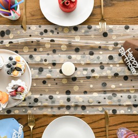 Artoid Mode Black and Golden Polka Dots Beige Gauze Table Runner 120 Inch 10FT, Seasonal Sheer Chiffon Cheesecloth Dining Holiday Birthday Table Decor for Home Party