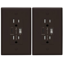 LIDER USB-C 36W Power Delivery Wall Outlet, Duplex Tamper-Resistant Receptacles, USB Type-C/USB Type-A Charging Ports, Interchangeable Face Cover, UL Listed, Wall Plate Included, Brown, 2 Pack