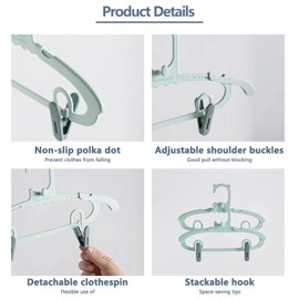 Truelux Infant Hangers (Pack of 10, Green), Adjustable Kids Hangers with 10 Clips for Infant Children Toddler, Durable Plastic Non-Slip Baby Clothes Hangers for Nursery Closet