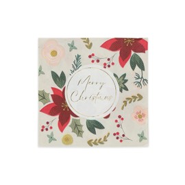Masterpiece Merry Christmas Floral Cocktail Napkins / 50 Poinsettia Napkins With Shiny Gold Foil Accents / 4 3/4" x 4 3/4" Square Festive Winter Holiday Party Napkin