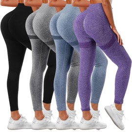 Mumucove 4 Pack Women Butt Lifting Workout Leggings, High Waist Seamless Gym Legging Yoga Scrunch Pants(Dark Gray, Blue, Purple, Black,Medium)
