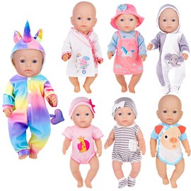 ebuddy 7 Sets Doll Clothes Accessories for 43 cm/17 Inch Newborn Baby Dolls Include Cartoon Style Romper, Dress, Nightdress and Hat