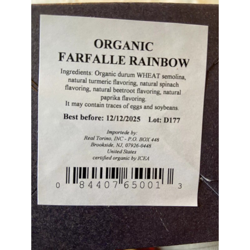 Torino Farfalla Pasta Organic Multicolor Rainbow Torino 8.8 oz Bow
