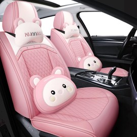 JielinKar Cute Cartoon car seat Cover 5 Set with Waterproof PU Leather for Cars SUV Pick-up Truck Universal Fit Set (Pink)