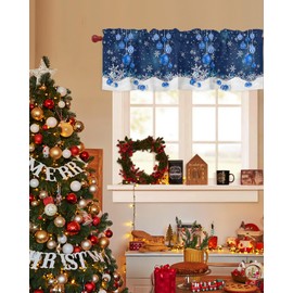 Christmas Valance for Windows,Winter Snowflakes Merry Christmas Ball Ornaments Xmas Snowflake Sparkle Blue Window Treatments 1 Panel Short Curtains for Kitchen Windows Bathroom Bedroom,54 x 18 Inch