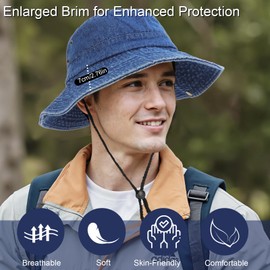 TAGVO Unisex Denim Bucket Hat - Vintage Washed Cotton Wide Brim Sun Hat with Adjustable Chin Strap, UV Protection for Safi Outdoor Activities
