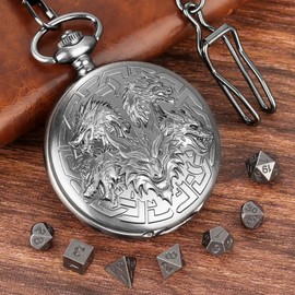 Mini DND Dice Set with Retro Five Dragon Heads Pocket Watch Shell Case, DND Starter Set, 7pcs Polyhedral Mini Metal Dice Set, D&D Gifts with Gift Box, Role Playing Board Game Accessories, Silver