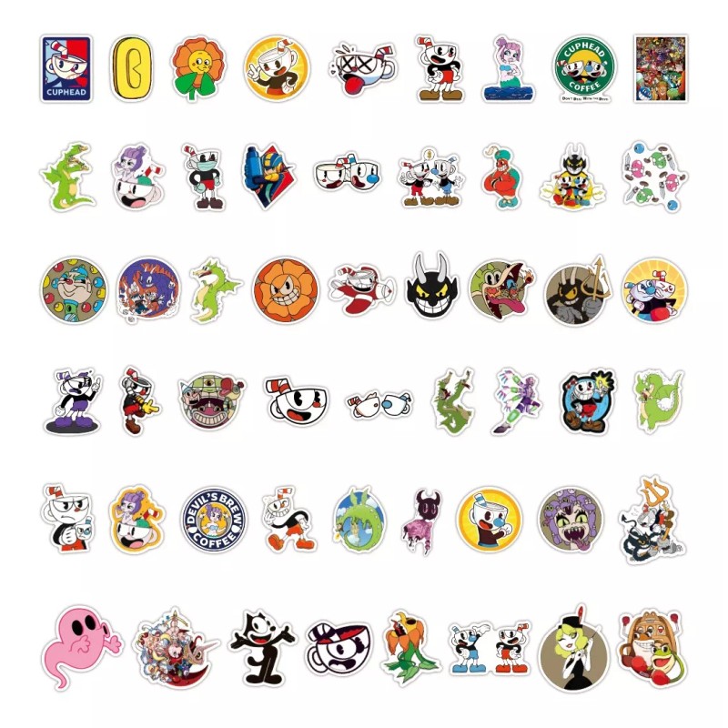 Cuphead Videojuego Taza 50 Calcomanias Stickers Contra Agua