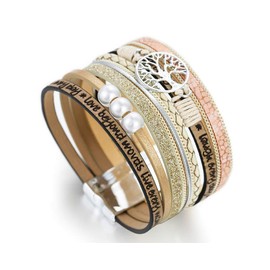 Fesciory Leather Wrap Bracelets for Women, Boho Leopard Multi-Layer Crystal Beads Cuff Bracelet Jewelry (Tree of Life(Beige))