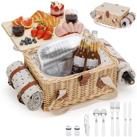 HappyPicnic Picnic Basket for 2, Handmade Wicker Picnic Set with Folding Table and Waterproof Blanket, Large Insulated Picnic Basket with Wine Bag & Cutlery Kit for Picnic, Camping, Holidays (Cherry)
