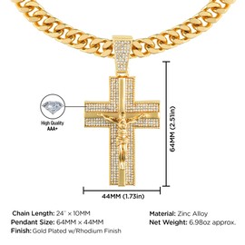 ICEDTAG Men's Large Iced Jesus Cross Pendant, 24" Cuban Link Necklace Chain Jewelry Set (Gold - Cross SET (Non-Iced Chain))