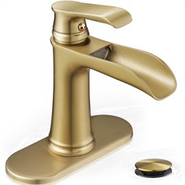 HOIGY Waterfall Faucet, Brass Gold Bathroom Faucet 1 Hole, 1 Handle Bathroom Faucets for Sink 3 Hole (4 Inch) with Pop-up Drain, Hoses & Deck Plate