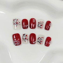 TENPAL Handmade Press on Nails Short Square,Reusable Red Cat Eye Soft Gel Fake Nails,10PCS Set with 3D Plum Blossom Pattern Red Nails,Pearl Acrylic Stick on Nails for Women and Girls,Small Size