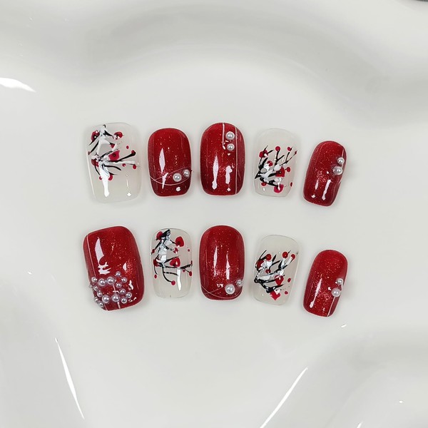 TENPAL Handmade Press on Nails Short Square,Reusable Red Cat Eye