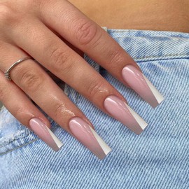 Extra Long French Tips Press On Nails White Coffin,Xcreando Ballerina Fake Nails Glossy Natural Acrylic Nails Full Cover Stick on Nails Manicure Set For Women Girls in 24PCS