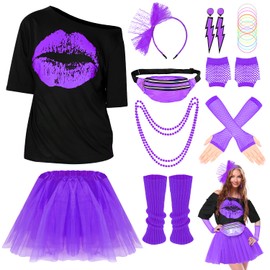 Lukovee Disfraz de los 1980 para Mujers, 24 Conjunto de Accesorios para Disfraces para Adultos Mujer de los Años 80 90 para Fiesta Temáticas con Tutus, Guantes, Collar, Riñonera