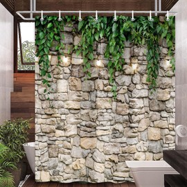 Stone Brick Wall Shower Curtain, Green Leaves Shower Curtain Set for Bathroom, Vintage 3D Vine with Lights Fabric Shower Curtain Restroom Bathtub Decor Accessories with Hooks 60X 70 inch