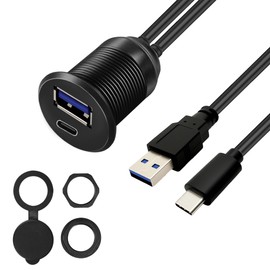 QINJOOELC USB 3.0 & Type C 3.0 Car Flush Mount Cable, Male to Female, 5Gbps USB Dashboard Panel Mount Waterproof Extension Cord for Car Truck Boat Motorcycle 1M/3.3Ft