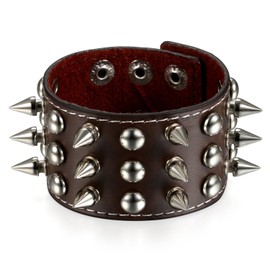 JewelryWe Rivet Punk Rock Bracelet Spike Studded Biker 42MM Strap Leather Neutral Brown Wristband Adjustable For Men Women