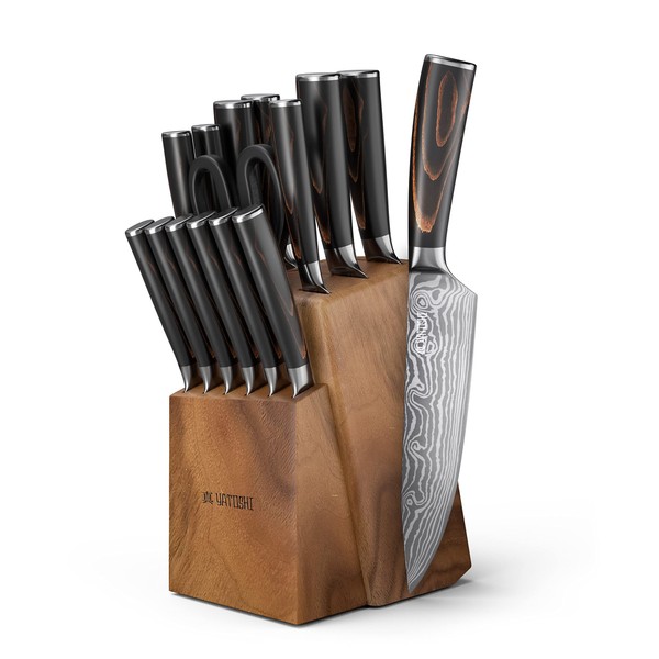 Yatoshi 13 Knife Block Set - Pro Kitchen Knife Set Ultra Sharp High Carbon Stainless Steel with Ergonomic Handle