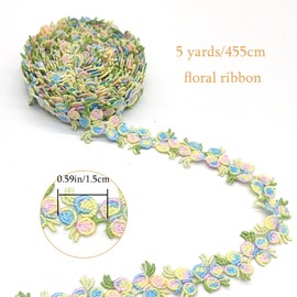 XCSJ Rose Embroidery Lace Ribbon, 5 Yard, Polyester, Floral Border, Decorative Trim for Sewing, Clothing, Weddings, Parties