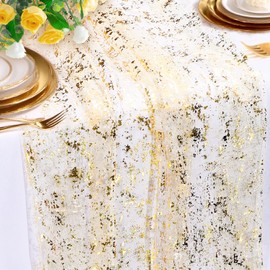 Gold Sequin Table Runner, 28"x118" Sparkle Foil Mesh Table Runner Shiny Party Decoration for Wedding Birthday & Baby Shower
