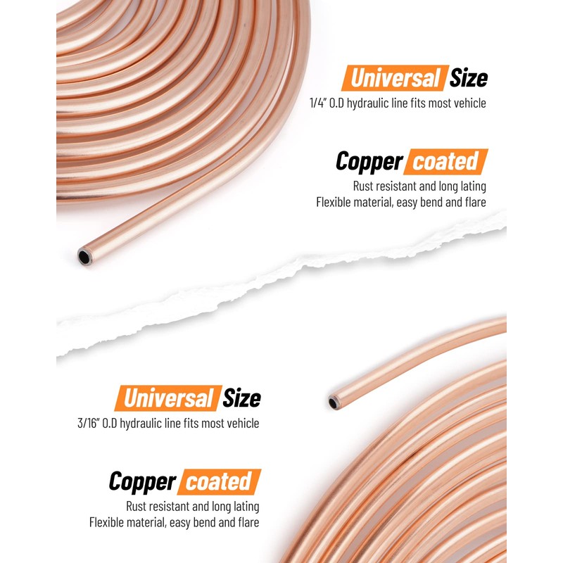 Racewill 25 ft 3/16" + 1/4" Copper Coated Brake Line