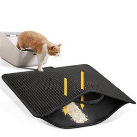 Conlun Cat Litter Mat with Handles, Double Layer Honeycomb Design Litter Mat Trapper with Less Waste, Kitty Litter Mat with Anti-Slip Back Layer, Washable, Soft on Paws Litter Box Mat(Black,76x54.5cm)