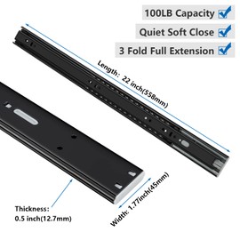 homdiy 5 Pairs Soft Close Drawer Slides 22 Inch Black, Full Extension Heavy Duty Side Mount Ball Bearing Rails Drawer Slides for Cabinet, 100LB Capacity