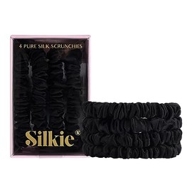 SILKIE x4 Set 100% Pure Mulberry Silk Black Skinny Scrunchies Travel Pouch Everyday Hair Ties Elastics Hair Care Ponytail Holder No Damage (Noir)