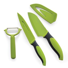 Jean-Patrique 3 Piece Chef’s Knifes Non-Stick Green & Black Prep Set, Kitchen Essential Tools with a Free Peeler