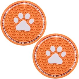 MEAJOO 2PCS Bling Car Cup Holder Coaster, Universal Dog/Cat Paw Auto Non-Slip Crystal Rhinestone Cup Holder Coaster, 2.75In Universal Non-Slip Recessed Car Interior Accessories (Orange & White)