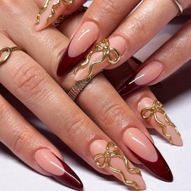 Long pointed Press on Nails Wine Red French Tip Press on Nails Luxury Rhinestone Bow Gold Charm Design Acrylic Nails Long Almond Shape False Nails for Women Nail Art Decorations 24Pcs