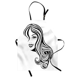 Ambesonne Hair Salon Apron, Black and White Vintage Style Portrait of a Young Lady with Indulgent Hair, Small Apron Bib with Adjustable Ties for Baking Painting, Small Size, Black and White