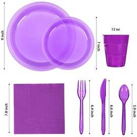 WELLIFE 210Pcs Purple Plastic Plates,Clear Purple Plastic Dinnerware Set,Party Supplies Including Clear Plates, 12OZ Cups, plastic Cutlery and Napkins Serve 30 Guests, Disposable Plates for Party