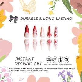 Christmas Press on Nails Long Stiletto MABKJLF Red French Tip Fake Nails False Nails with Designs Glitter Snowflake Bow Cane Candy Matte Glue on Nails Acrylic Nails for Women Girls 24 Pcs