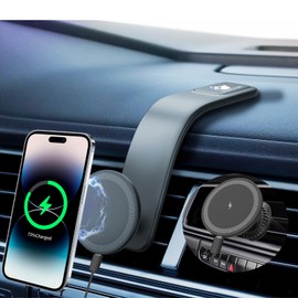 VICTORY & GIFT 15W for MagSafe Car Mount Charger: Relocatable Car Phone Mount with 360° Adjustable Aluminum Arm, Car Phone Mount Charger Dashboard/Windscreen/Vent Fit,Magnetic Phone Holder for car