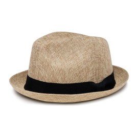 Funky Junque Mens Summer Porkpie Hat, Small Pork Pie Fedora with Black Band, Lightweight Breathable Linen, UPF 50+ Sun Protection, Packable, Sizes S/M L/XL - Sand