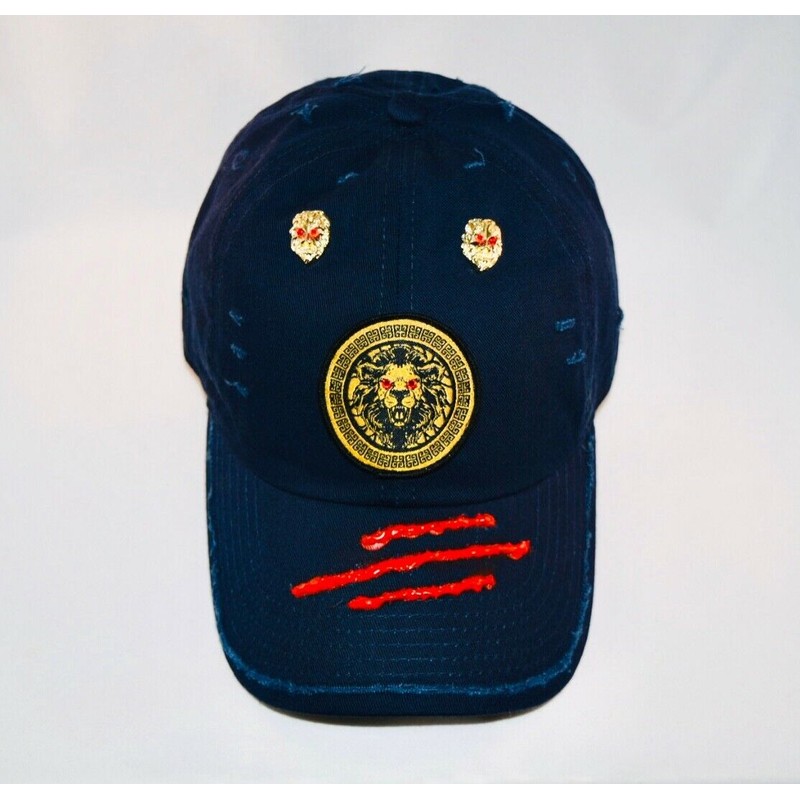 Damier Langevinè® Trendy Distressed Navy Blue Designer Baseball Cap Lion