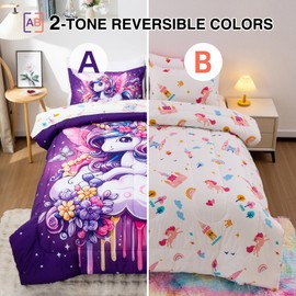 A Nice Night Purple Comforter Sets,Unicorn Flying Flower Clouds Printed, 6Pcs Bed in A Bag Full Size All Seasons Bedding Set,for Kids, Girls