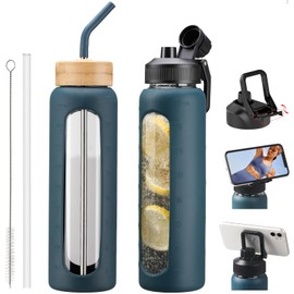 NOLOGLAZIC Glass Water Bottles with Straw -32oz- Water Bottle Phone Holder for Gym Large Motivational Water Bottle with Time Marker Glass Drinking Bottles 2 Lids - Spout & Bamboo Straw Lid(Dark Blue)