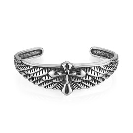 HZMAN Men’s Stainless Steel Open Cuff Bracelet - 17mm Non-Adjustable Angel Wing Cross Bangle for Everyday Wear, Gifts