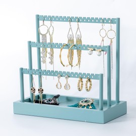 SANY DAYO HOME 3-Tier Earring Holder Organizer Stand, 105 Holes Teal Blue Metal Earring Rack Jewelry Display Tree with Wood Tray for Women and Girls