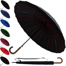 60MPH Windproof 24 Rib Large Strong Umbrella - XL Automatic Heavy Duty Golf Umbrella For Rain and Wind - Best 3 Layer Frame with Red Ribs - Wooden Hook Handle - Black
