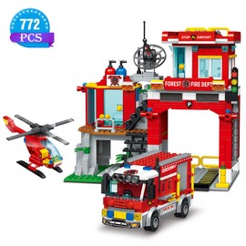 MindBox City Fire Rescue Building Set with Fire Station, Truck & Helicopter,772pcs Toy for Boys 6+