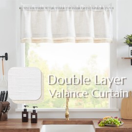 jinchan Linen Valance for Farmhouse Living Room Windows 16 Inch Slubbed Crossed Double Layer Window Valance Light Filtering Rustic Country Overlay Rod Pocket 1 Panel White